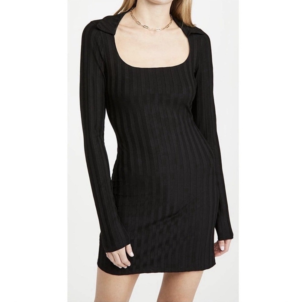Reformation Vittoria Black Rib Long Sleeve Knit‎ Mini Dress Collared Size M $128